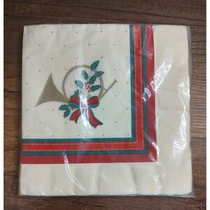 VTG NOS Hallmark 16 Napkins Christmas French Horn Holly Berry 3-ply A13